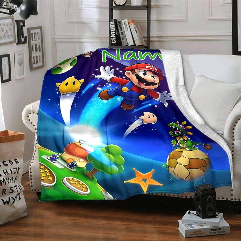 Custom Name Super Mario Bros Adventure flannel Blanket for Super Soft Cute Comfort Blanket for Travel Bedding Couch Sofa Blanket