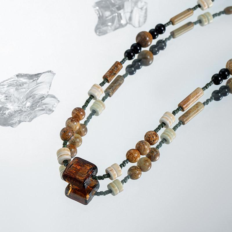 Natural Stone Retro Beaded Necklace: Women's Luxury Clavicle Chain, New Chinese Style, Trendy National Aesthetic Accessory
