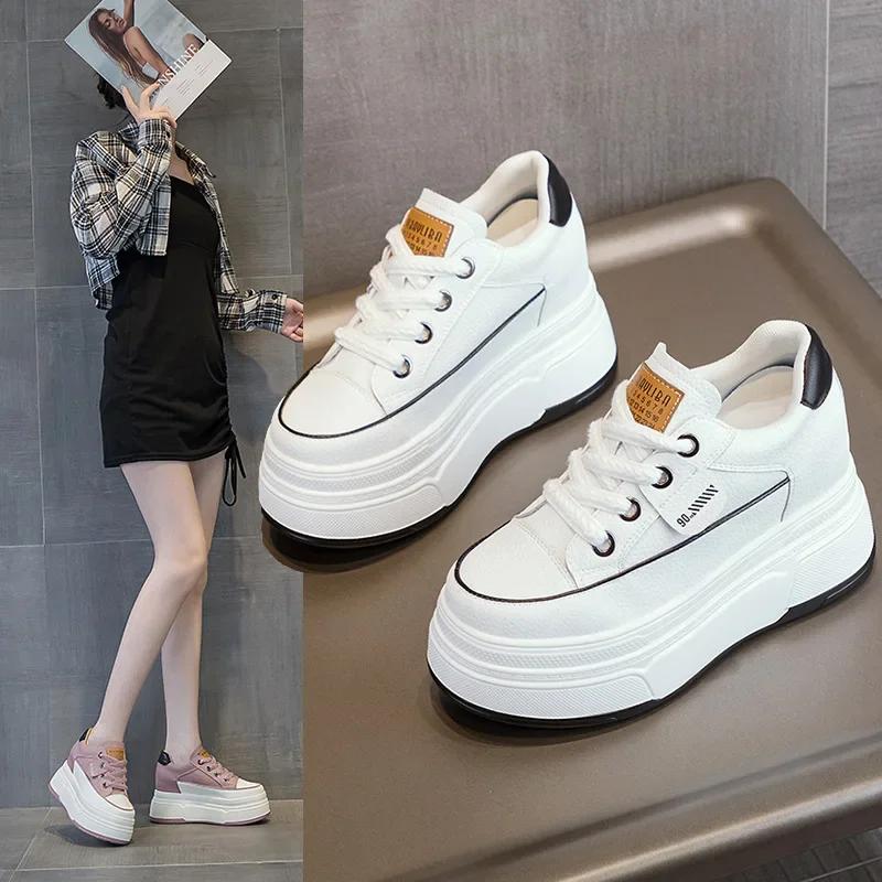 Fashion 9cm Genuine Leather Platform Sneakers Wedge Shoes for Women Breathable Sneakers Autumn Casual Shoes Hidden Heel Zapatillas Mujer