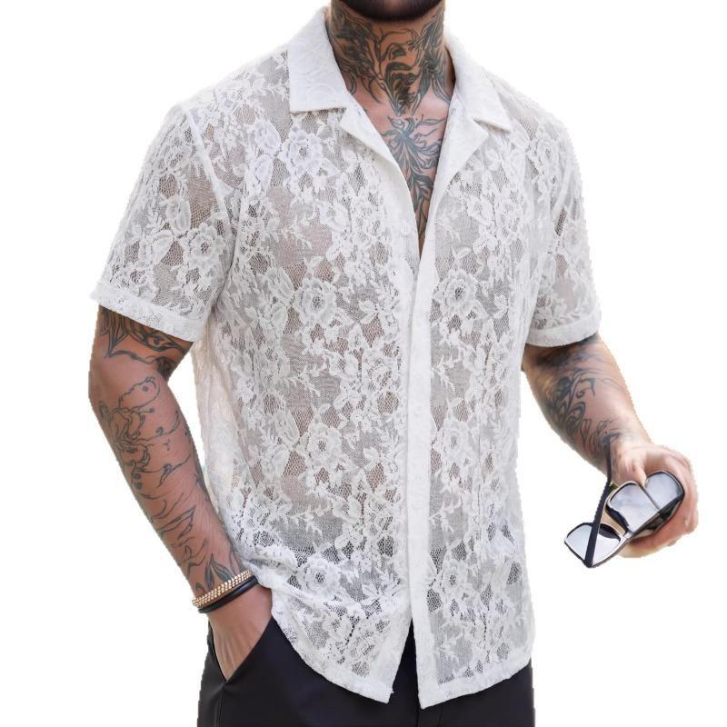 Mens Floral Lace Crochet Short Sleeve Cuban Collar Shirt