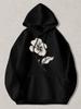 Black Pullover Hoodie with White Floral Print Long Sleeve Sweatshirt with Kangaroo Pocket And Drawstring Hood Casual Streetwear To