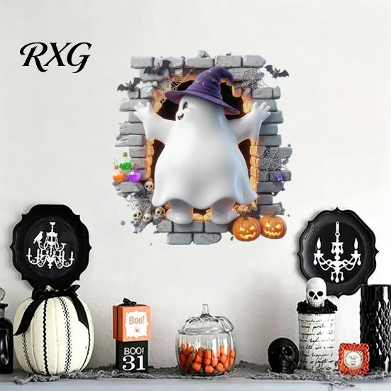 Bat Wall Stickers for Halloween Stickers, 3D Broken Effect with Ghost Skeleton Pumpkin Decals, Self-Adhesive Waterproof Decor Mural Living Room