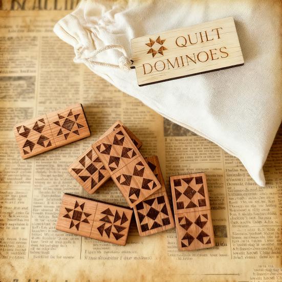 1 Set Quilt Dominoes Set Handcrafted Wooden Engraved Quilt Blocks Tiles Domino Game 2-4 Players Educational Wooden Toy Quilting Gift