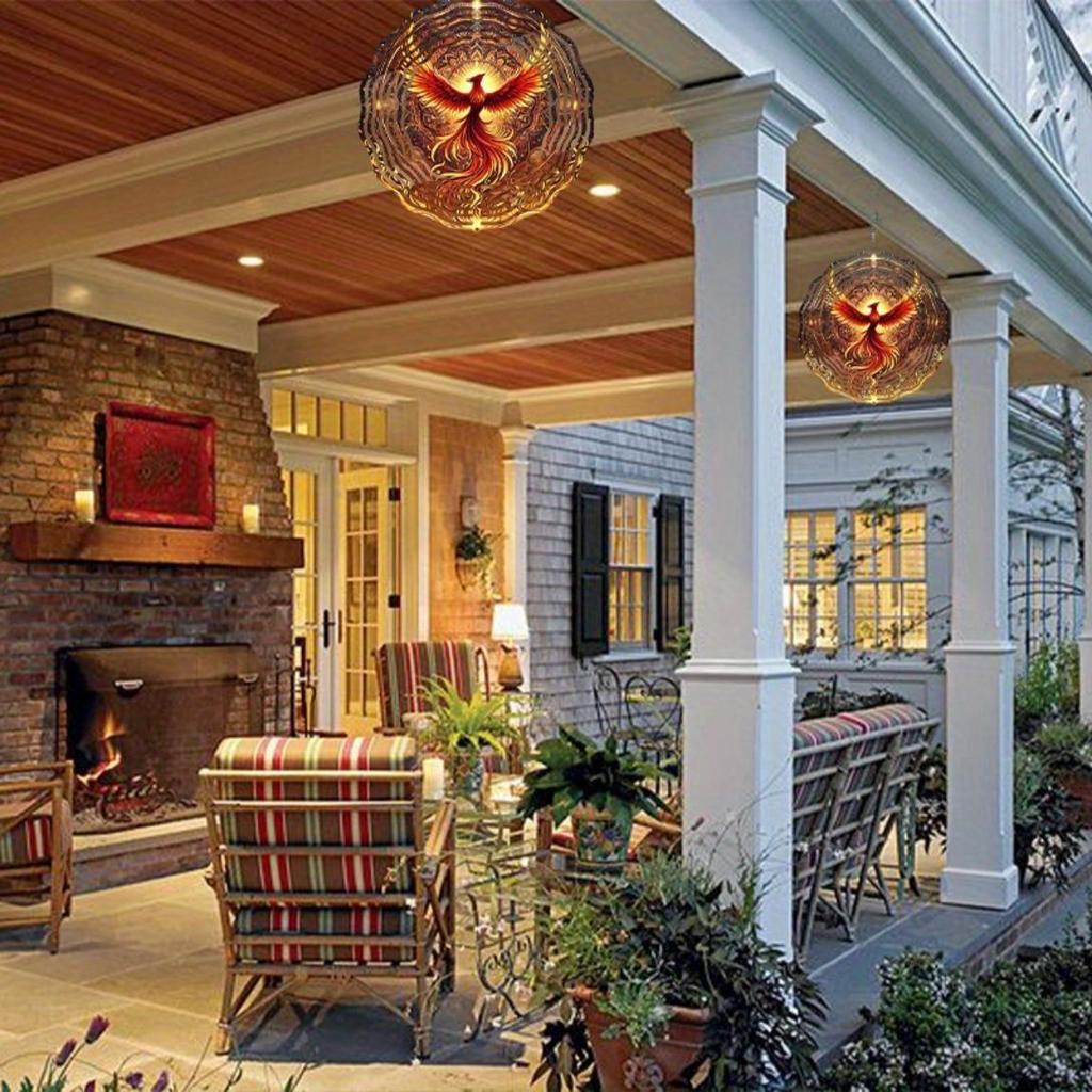 Phoenix Wind Chime Outdoor Indoor Decor Golden Red Feather Design Metal Hanging Ornament for Halloween Christmas Thanksgiving Holiday