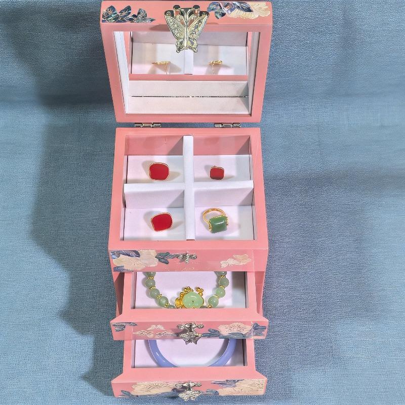 Pink White Mother of Pearl Lacquer Jewelry Box Chinese Style Butterfly Love Flower Storage Case for Wedding Dowry