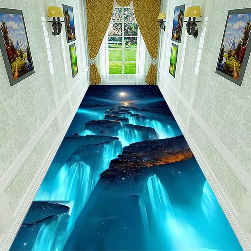 3D Ocean-Sky Gradient Carpet, Photorealistic Beach Wave & Cloud Print Runner Rug Immersive Seascape Floor Mat for Corridor Decor