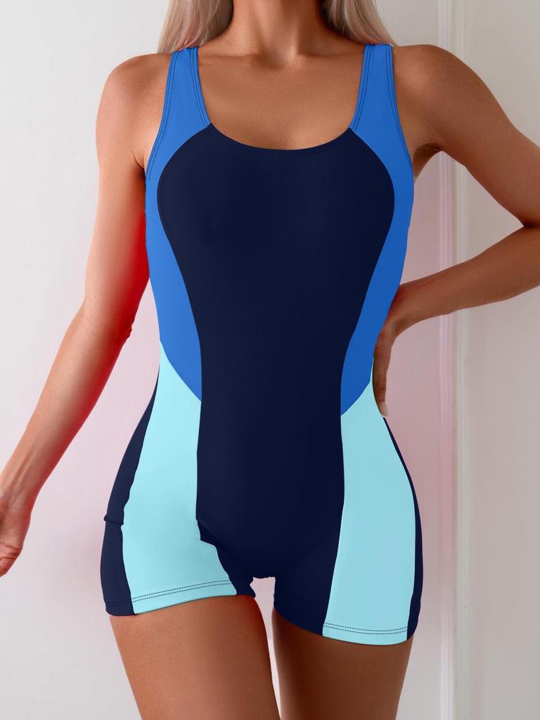 2024 Tri-Color Contrast One-Piece Competitive Swimsuit Shorts - Euro-American Style