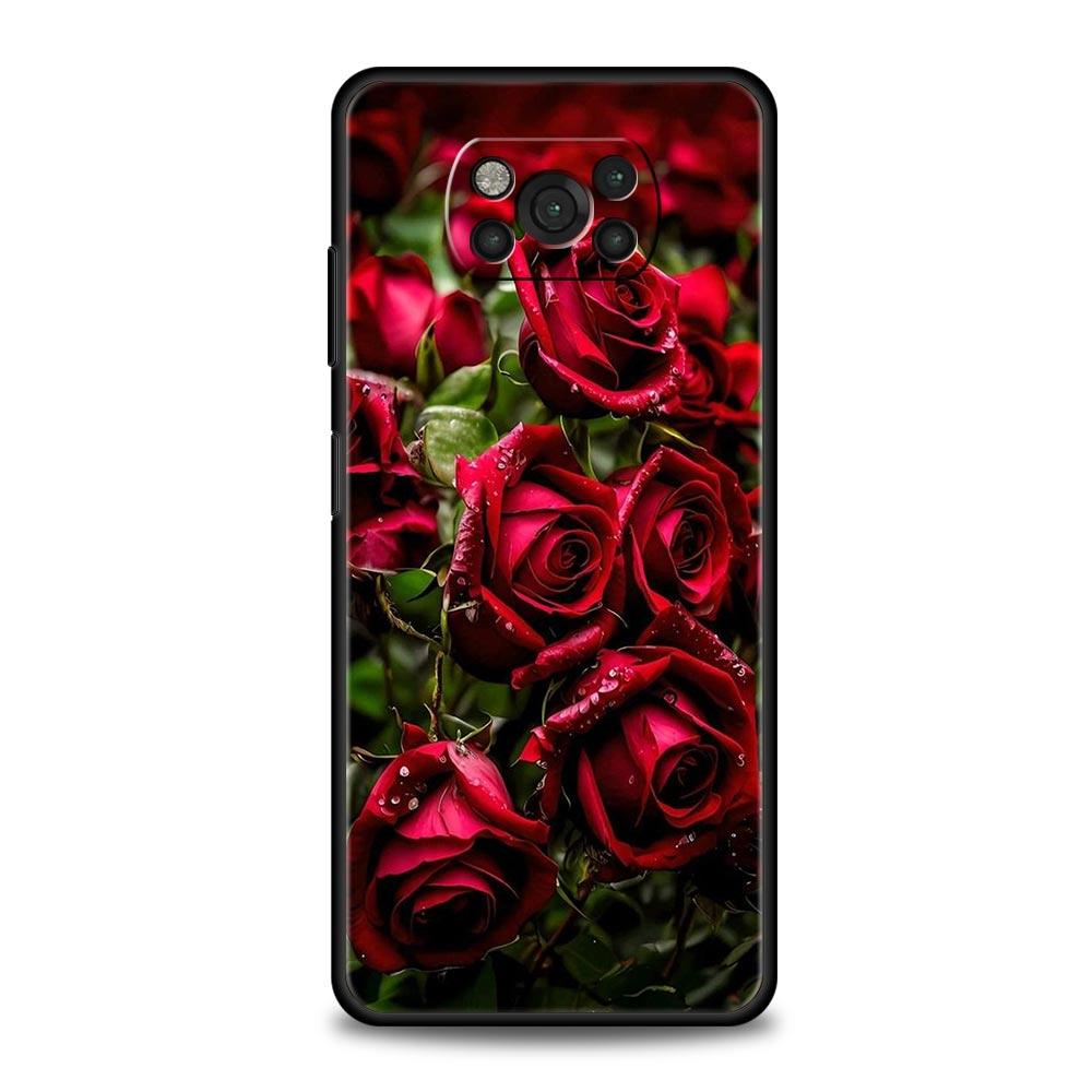 Phone Case For Xiaomi Poco X6 X5 X4 Pro 5G X3 NFC F5 F4 M5 M4 M3 F3 GT C51 C50 C55 Soft Black Cover Beautiful Red Rose Flowers