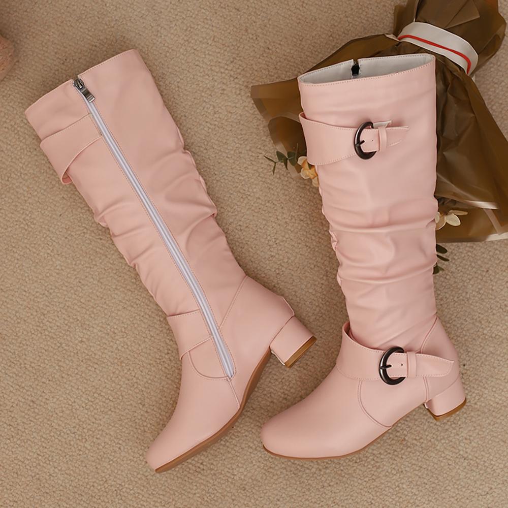 2026 Winter New Glamour White Pink Women Knee Riding Boots Mid Block Heel Lady Shoes Plus Small Big Size 10 30 43 46 48