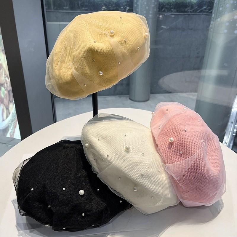 Lady Ballet Beret Hat With Pearl Mesh Embellishment For Casual Summer And Spring Wear