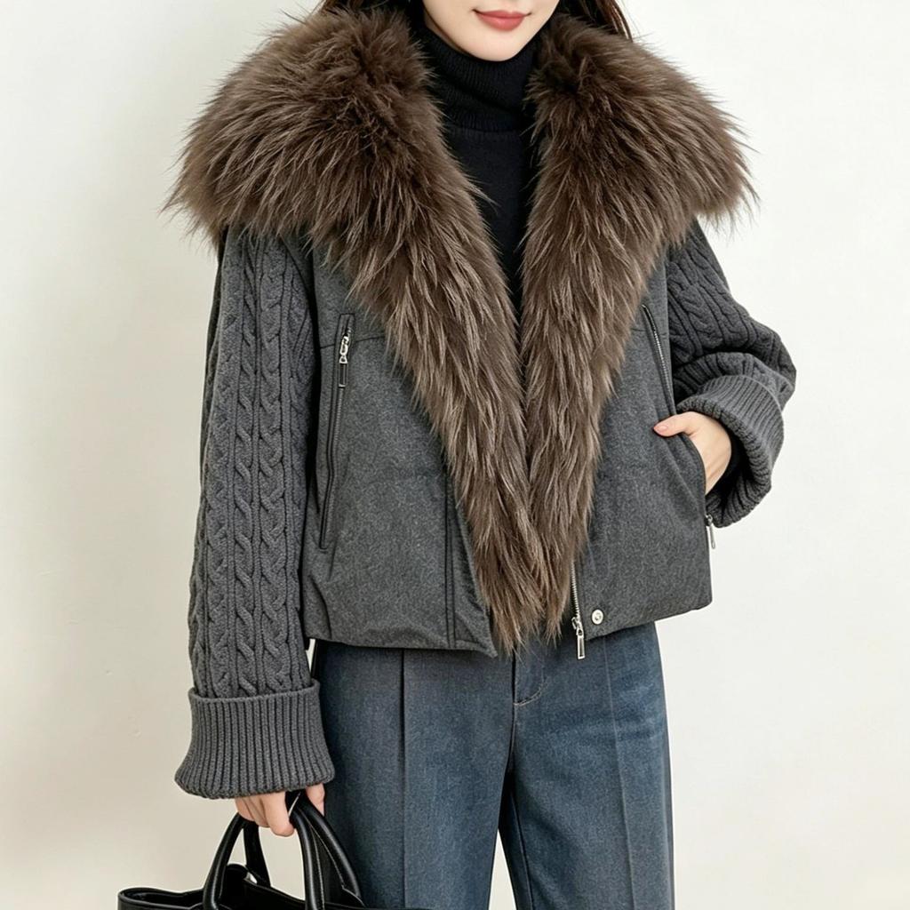 Winter new real fox fur collar knitted splicing down jacket women's short white duck down loose and thin versatile jacket