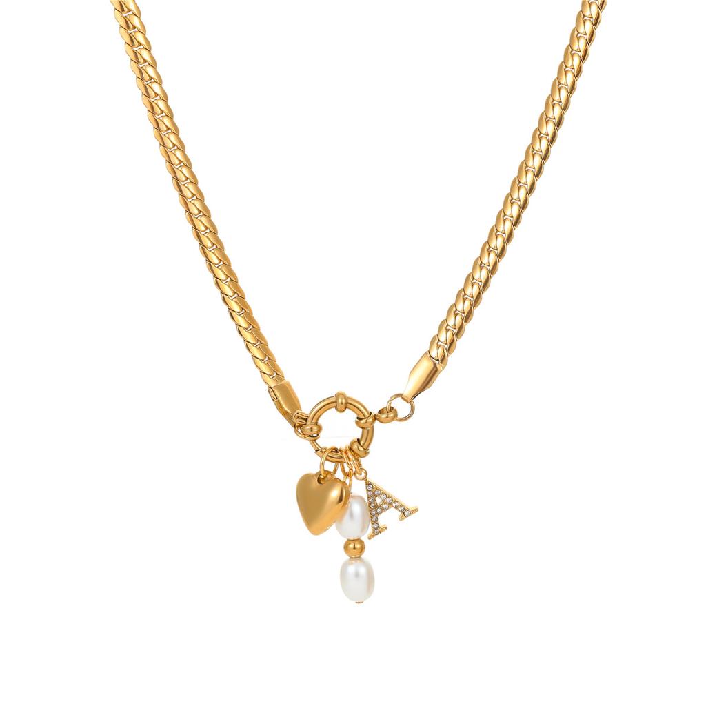 GEMCHIC Women's Stainless Steel Gold Plated Chain Necklace with Pearl Heart and Letter Charm Pendant Fashion Jewelry