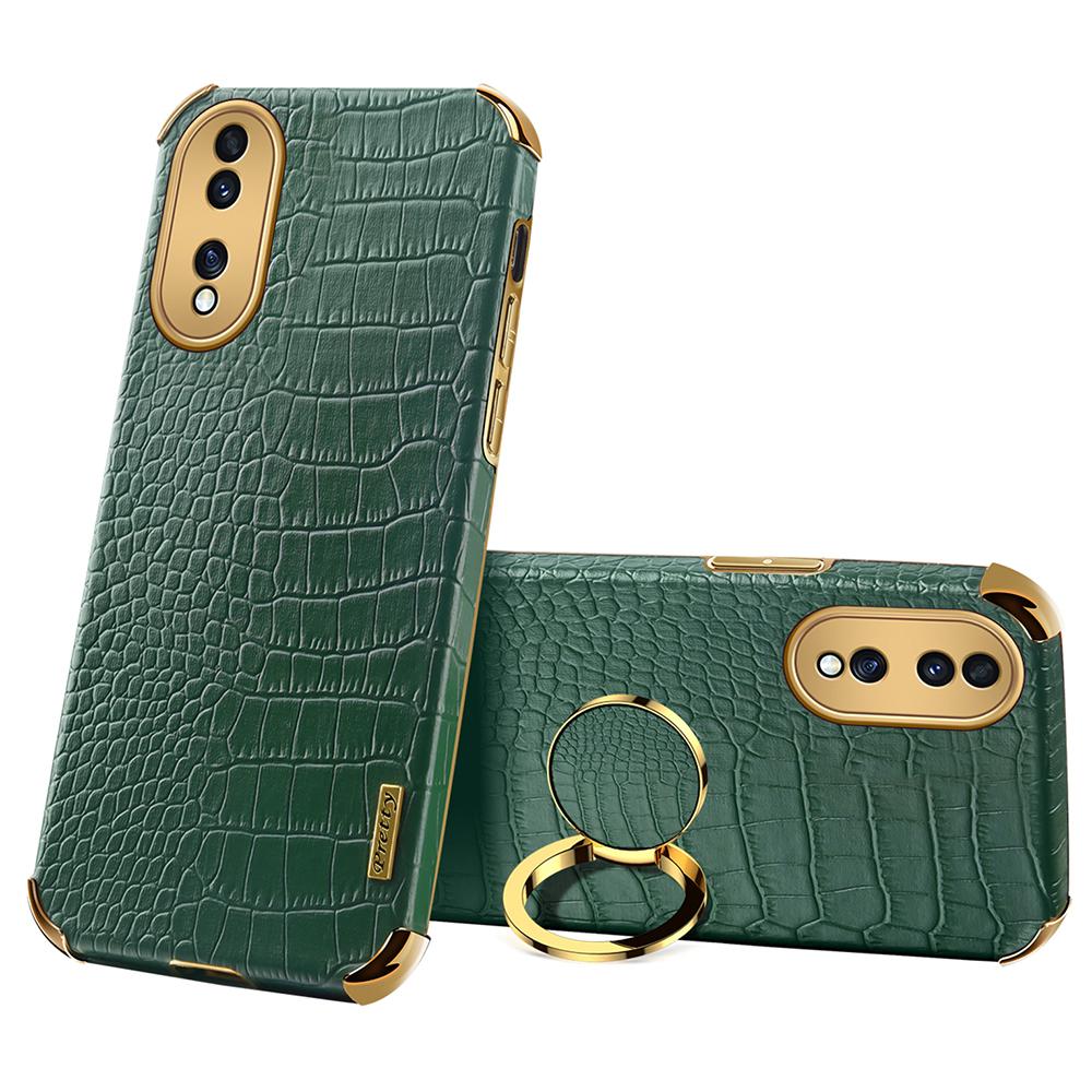 

For Honor 70 5G Leather Coated TPU Anti-drop Case Crocodile Texture 6D Electroplated Cover with Ring Kickstand Green