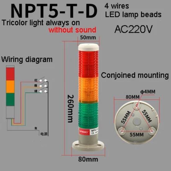 

1 шт. NPT5-T-D Без звука 3-слойная трехцветная лампа Станок Светодиодный сигнальный свет Семафор Индикаторная лампа Красный Желтый Зеленый