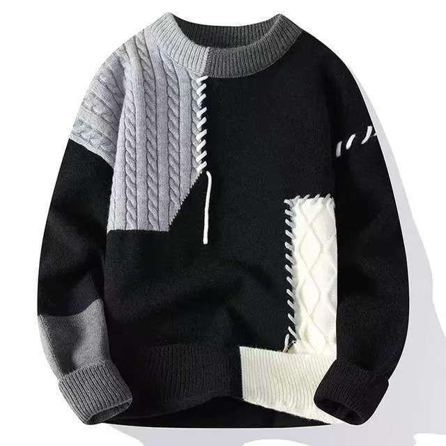 Men's Autumn and Winter Patchwork Knitted Sweater Loose Warm Sweater