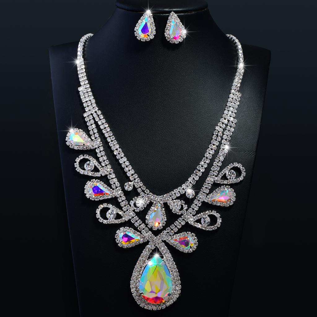 Fashion High-Grade Colourful Teardrop Female Bridal Crystal Full Diamond Necklace Earrings Two-Piece Set Exquisite