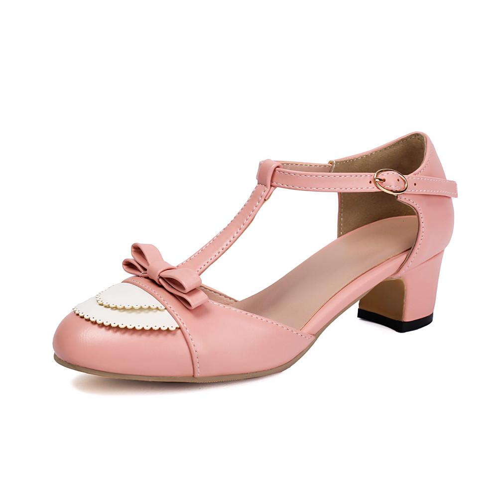 Fashion Women High Heels Mary Jane Shoes Pumps Bow Shoes Thick High Heel Casual Ladies Pumps Pink Chaussures Femme Lolita Shoes 35-43