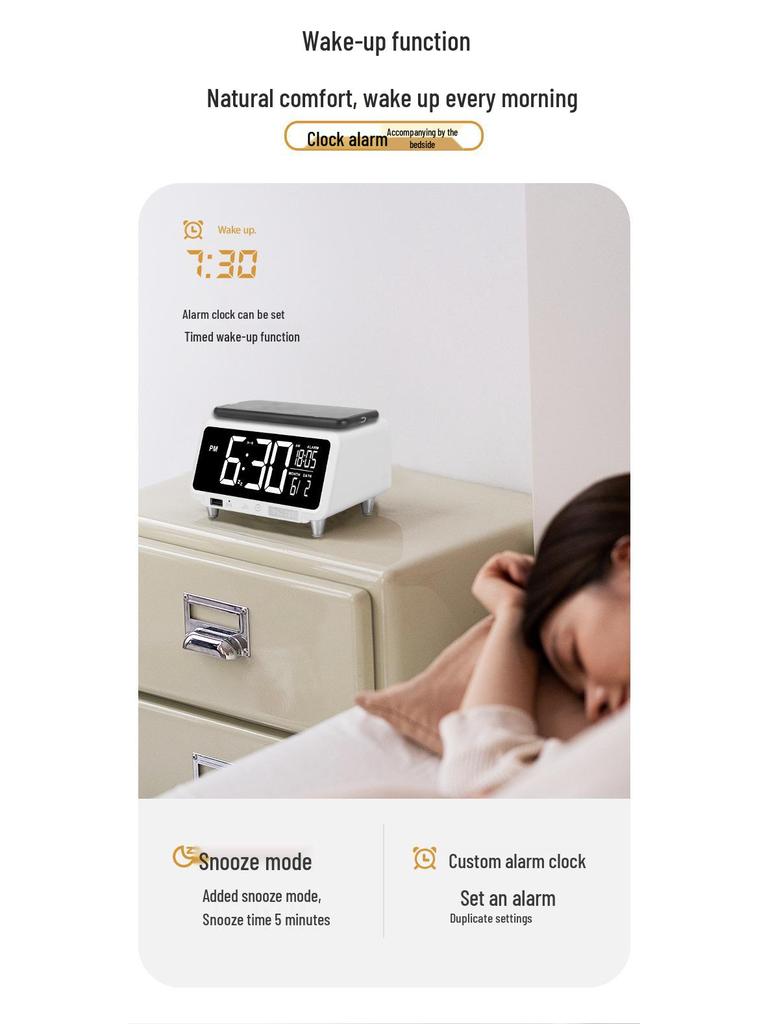 15W Wireless Fast Charging Alarm Clock with LCD Calendar & Desk Lamp