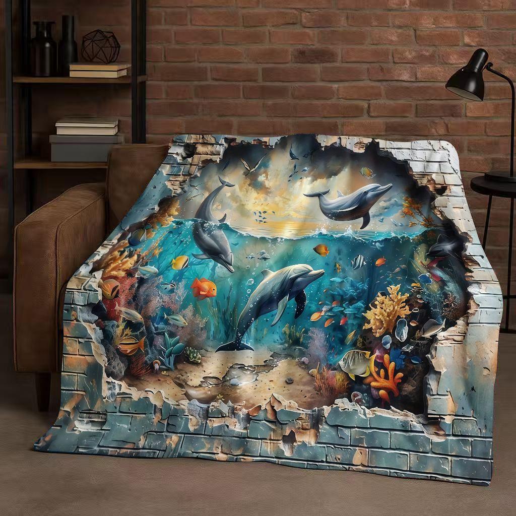 3D Illusion Underwater World Breaking Wall Art Flannel Blanket,Ultra Soft Warm Plush Throw for Home Bedroom Bed Sofa Cover Gift