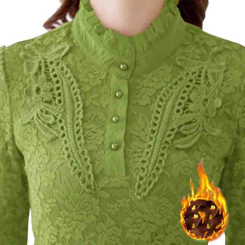 Camisa de encaje de otoño e invierno Camisa superior ajustada Camisa de mujer de talla grande con relleno de terciopelo y calidez