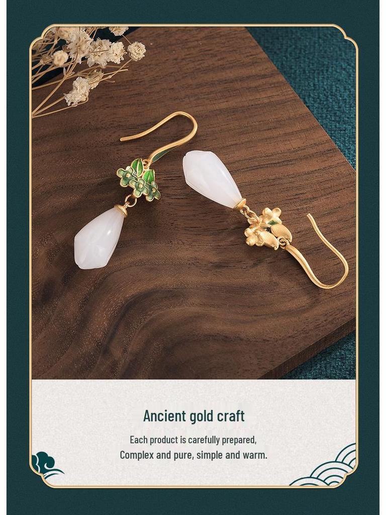 Chinese Magnolia Retro Jade-Style Enamel Earrings - Ideal Mother's Gift