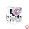 925 Sterling Silver Pink Murano I Love Mom Love Cross Heart Diy Fine Beads Fit Original Charm Bracelet Women Jewelry