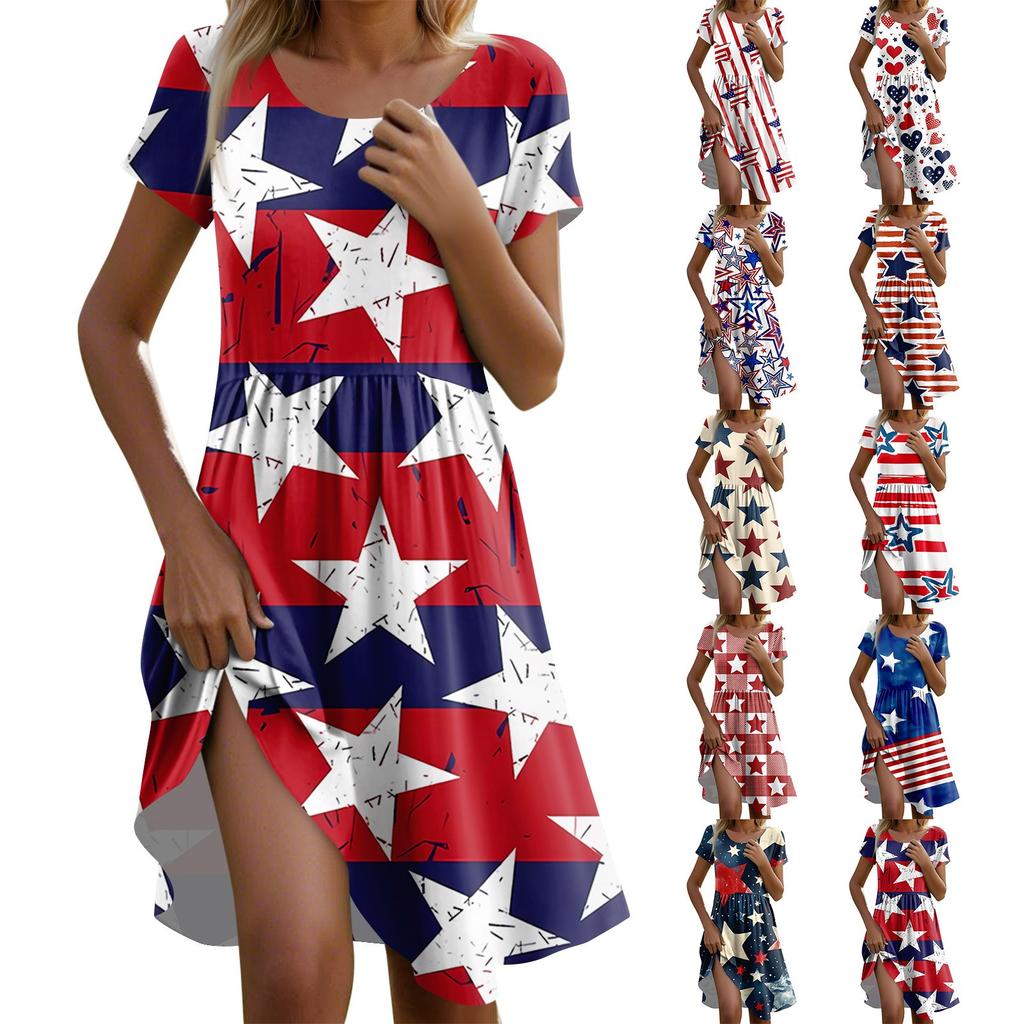 Women's Casual Fashion Round Neck Short Sleeve Independence Day Printed Midi Dress