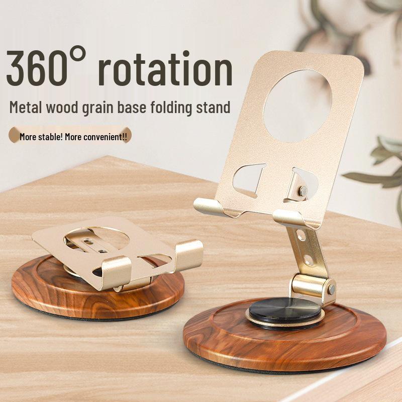 

Rotating Foldable Desktop Phone Holder with Metal Stand and Walnut Base