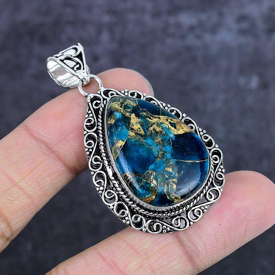Natural Copper Apatite Gemstone 925 Sterling Silver Jewelry Pendant 2.17" ETC-14060