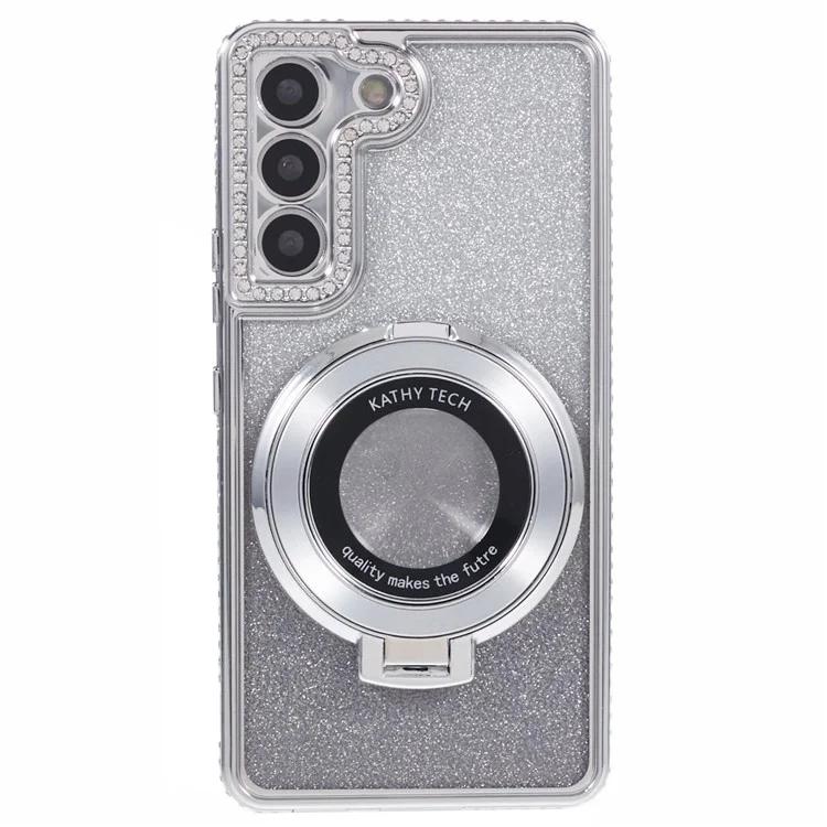 

For Samsung Galaxy S23+ TPU Case Gradient Rhinestone Ornament Cover with PC Ring Kickstand - Silver