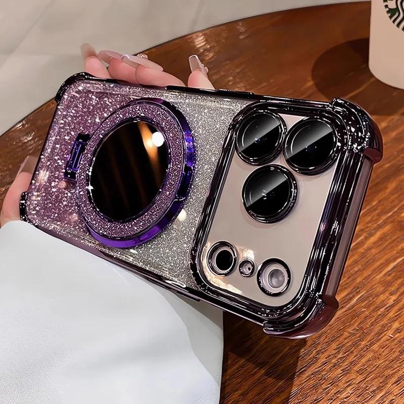 Luxury Glitter Bracket Stand Case for iPhone 17 16 15 14 Pro Max Plus 12 13 Air Mirror Ring Holder Make Up Bling Gradient Cover
