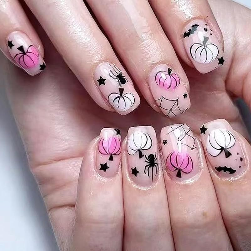 Хэллоуин Накладные ногти Короткие квадратные Искусственные ногти с дизайном Милый призрак Наклейки на ногти Тыква Акриловые накладные ногти Паутина Искусственные ногти Глянцевые Halloween Fake Nails-17
