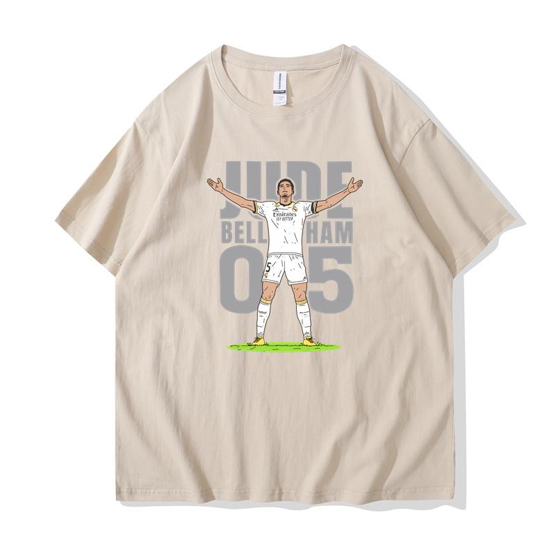 Bellingham Celebrates Action LOGO Short Sleeve T-shirt for Real Madrid Fans Commemorating The Summer Crewneck England Team