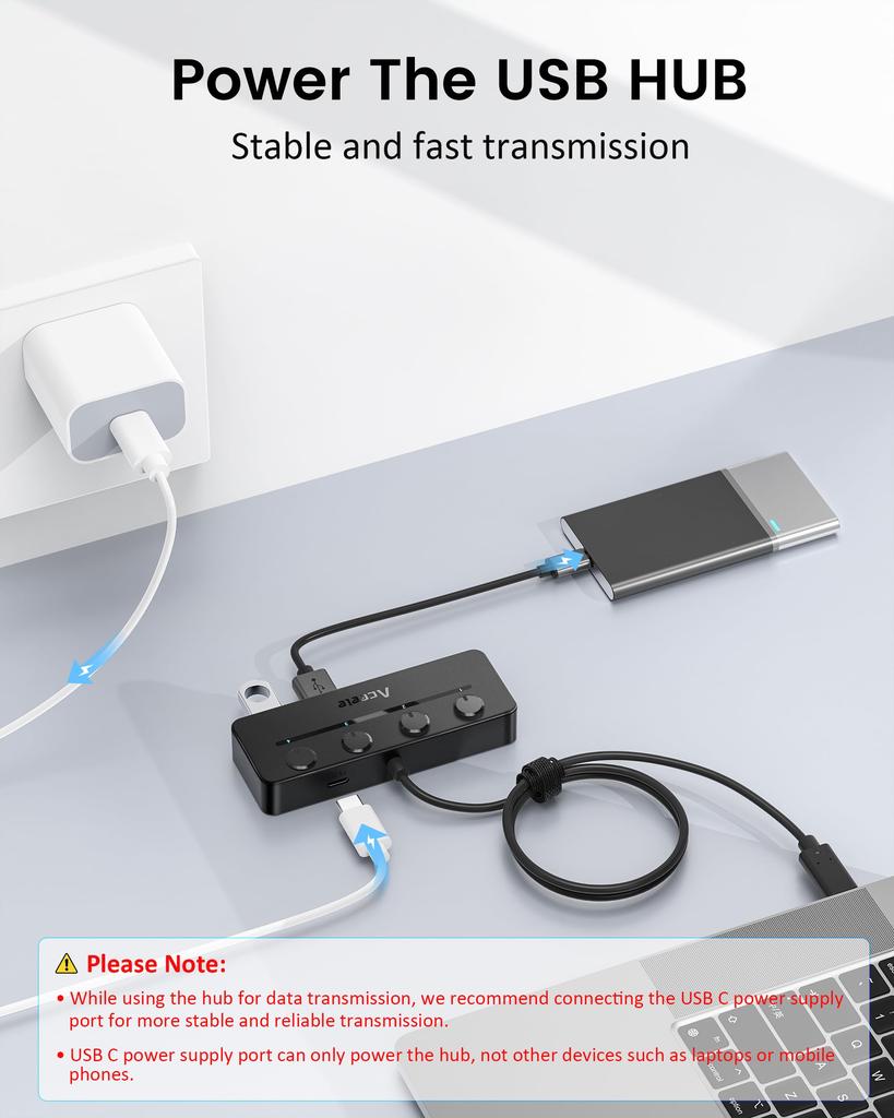 Aceele USB C 5 USB A Power Supply Direct Independent LED Indicator 5Gbps High Speed 100cm Extension USB Work from Compatible with Hub, Ports, 3.0 Hub,