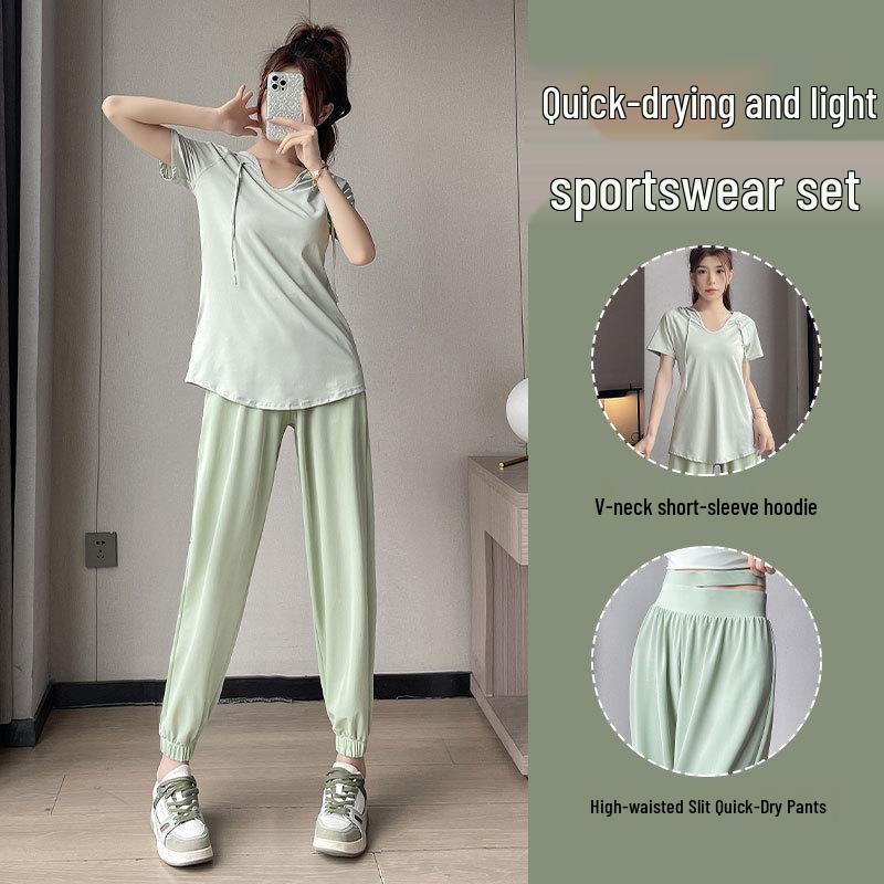 

Women s 2024 Summer Running Set: Quick-Dry T-Shirt & Ice Silk Pants XL