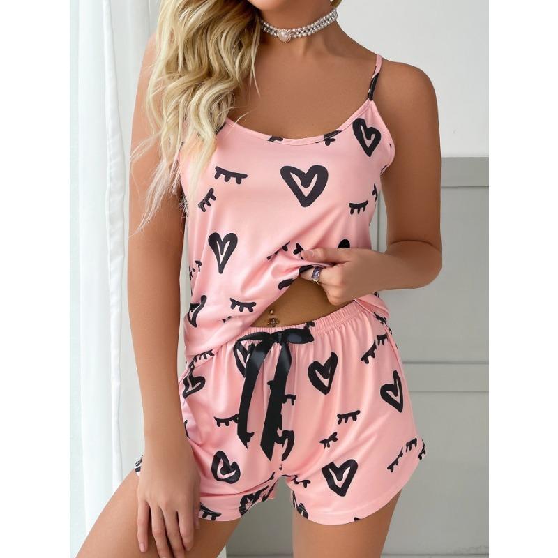 Women's Casual Heart Pattern Dark Pink Pajama Set