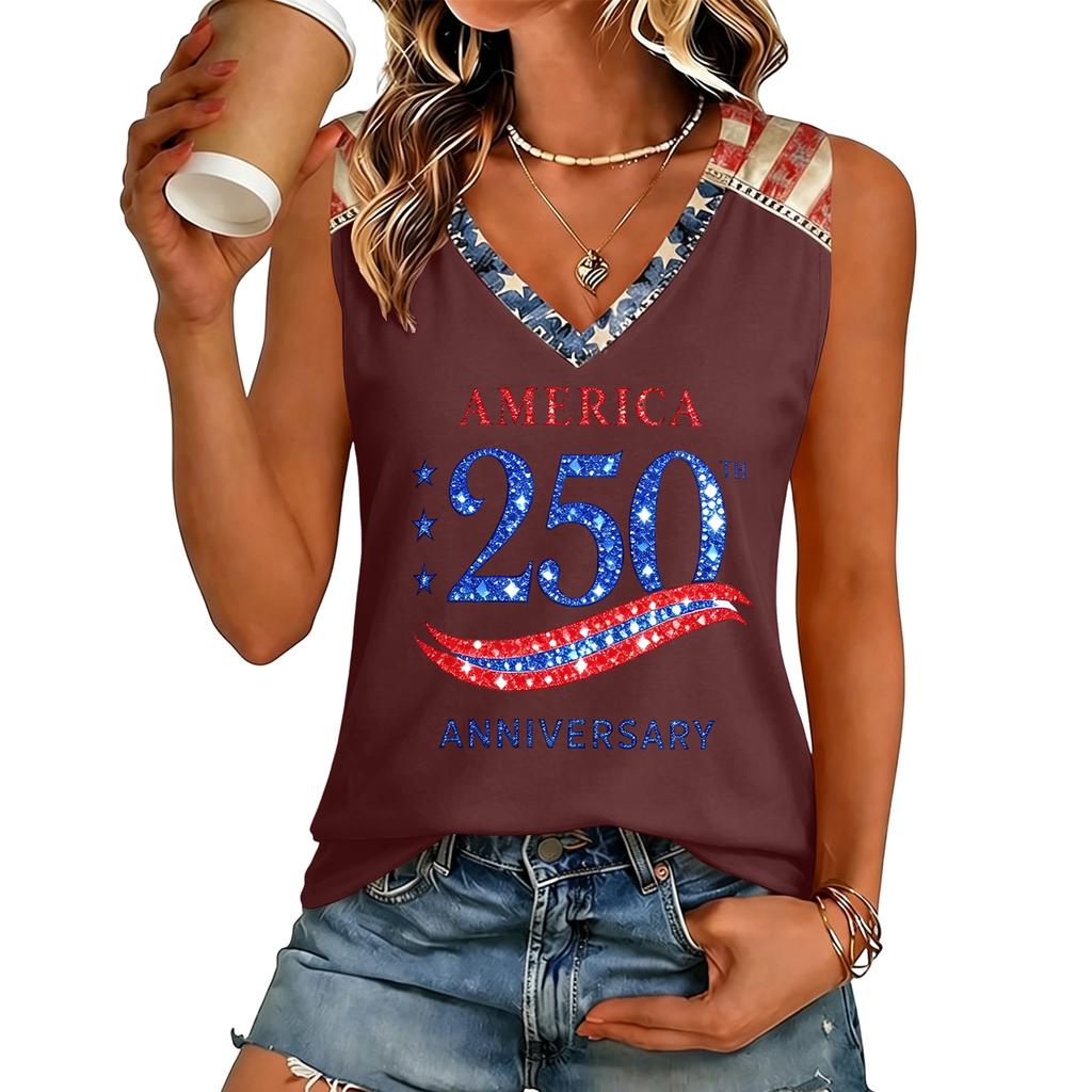 Womens V Neck Short Sleeve T Shirt Casual Fit Letter Print Top Comfortable Lightweight Pullover Tee America 250 Anniversary Design