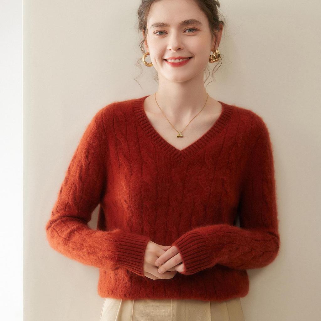 Women’s Cashmere V-Neck Knit Sweater - 2025 Autumn/Winter Collection, Double-Strand, Thickened, Short, Pure Color, Warm Base Layer.