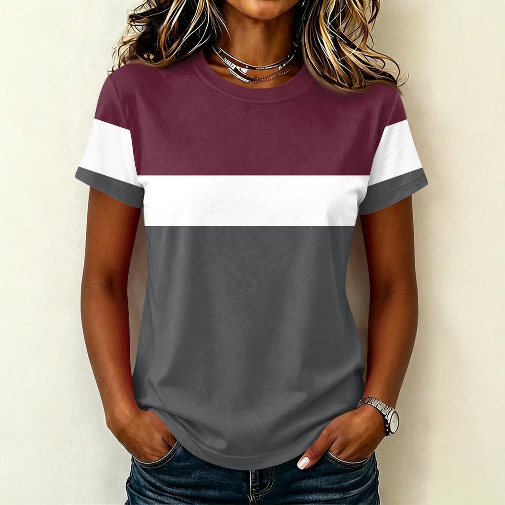 Dames Casual Pullover Korte Mouw T-shirt Kleurblok Bedrukt Top Ronde Hals Lichtgewicht Zachte Stof