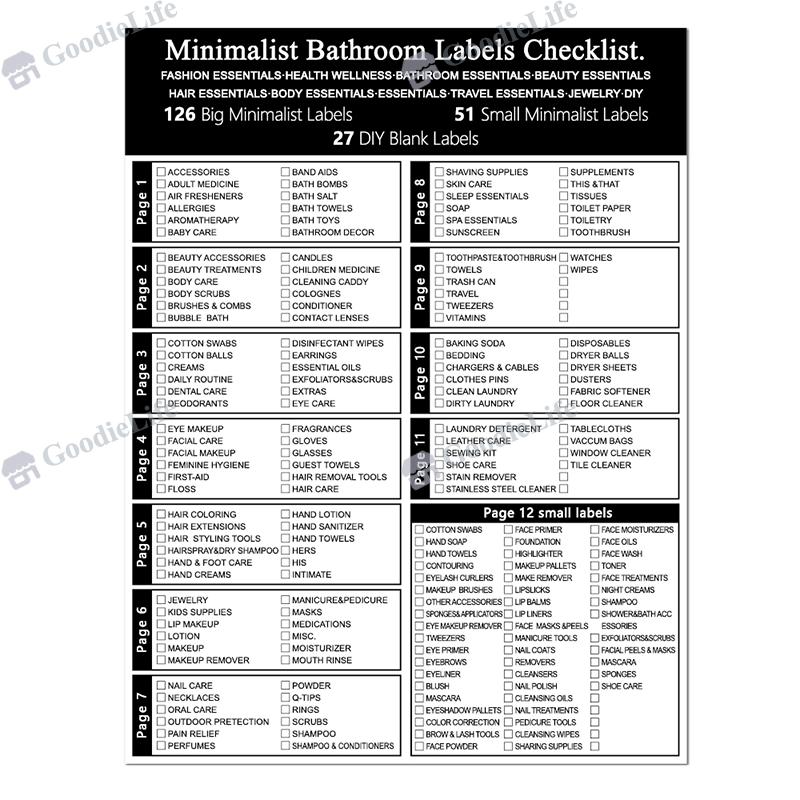 Waterproof Bathroom Stickers 189pcs Black Oil Resistant Labels for Storage and Cosmetic Categorization