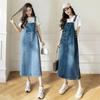 Lässiges Jeans-Latzkleid Mittellang Damen Denimkleider Frühling Sommer Große Tasche Locker Damen Vestidos Übergröße