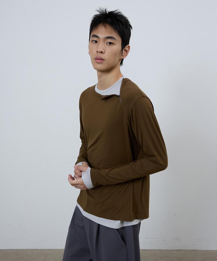 MICHIKO LONDON SPORTS Diagonal Layered Long Sleeve Khaki Brown