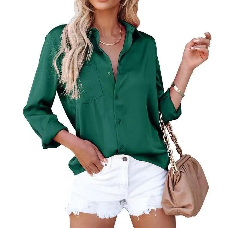 

Элегантная однотонная атласная рубашка на пуговицах, женские блузки с длинным рукавом и отложным воротником, женские элегантные повседневные офисные женские шелковые топы 30481 S зелёный