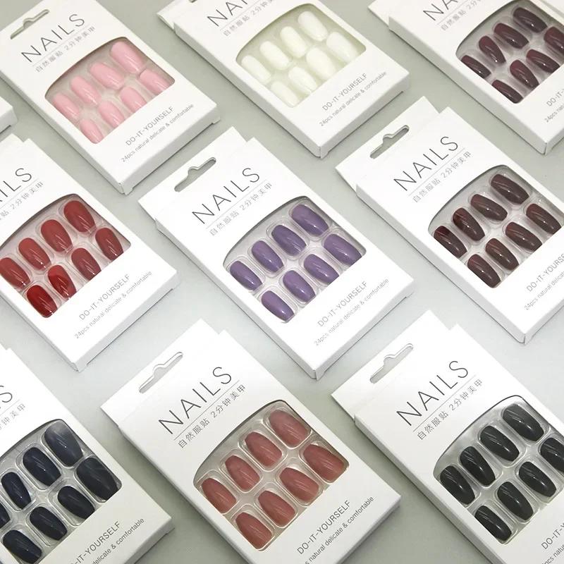 24Pc in Full Size Wearing Nails Solid Color Short Finished Nail Stickers Comfortable Convenient To Wear Detachable Hand Products