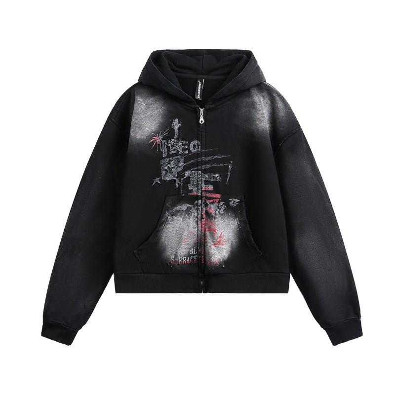 Mens Oversized Hooded Zip-Up Sweatshirt With Abstract Print Vintage Americana Streetwear Washed Cotton Blend Loose Fit