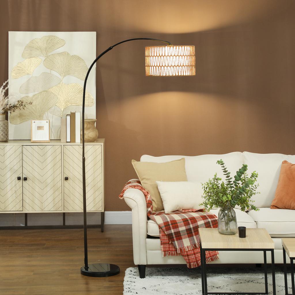 Rattan Floor Lamp for Living Room, Farmhouse Arc Standing Lamp with Dual-Layer Shade & Foot Switch
