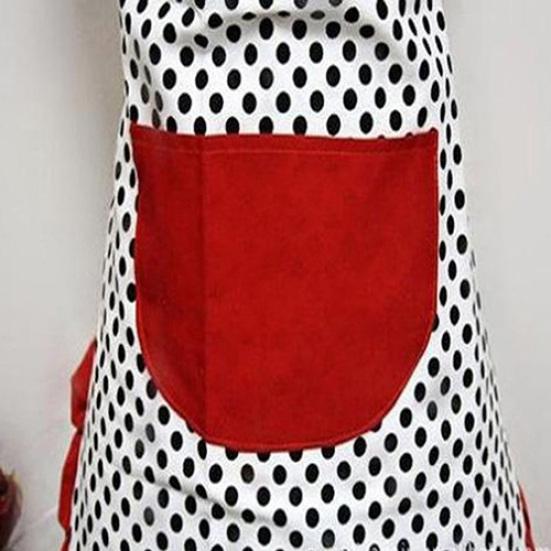 Women Cute BowKnot Dot Aprons Kitchen Restaurant Cafe Bib Cooking With Pocket