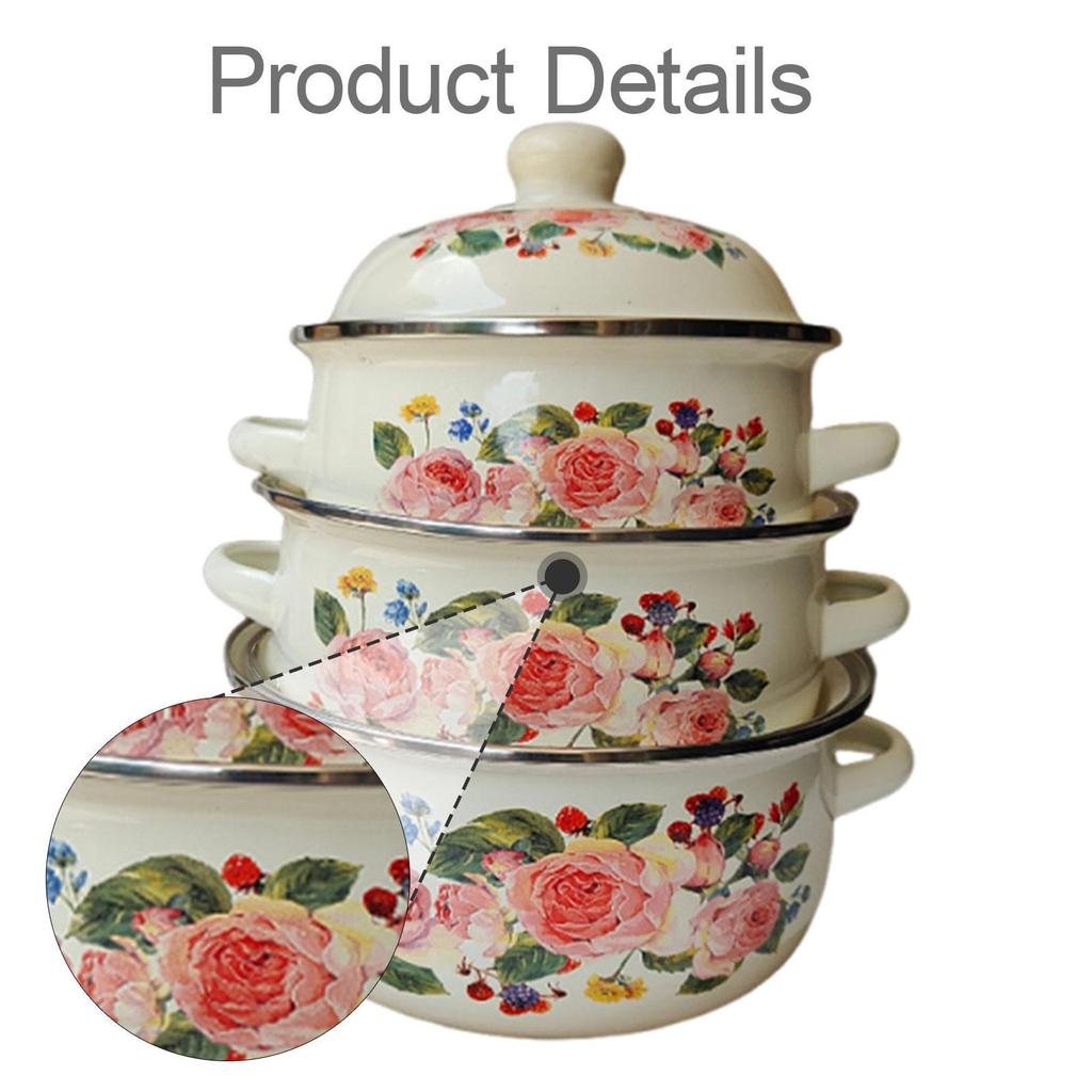 3x Enamel Stockpots Simmering Pot Cookware Vintage Design Cooking Pots for Cooking Induction Cookers Gas Furnaces Kitchen Dining