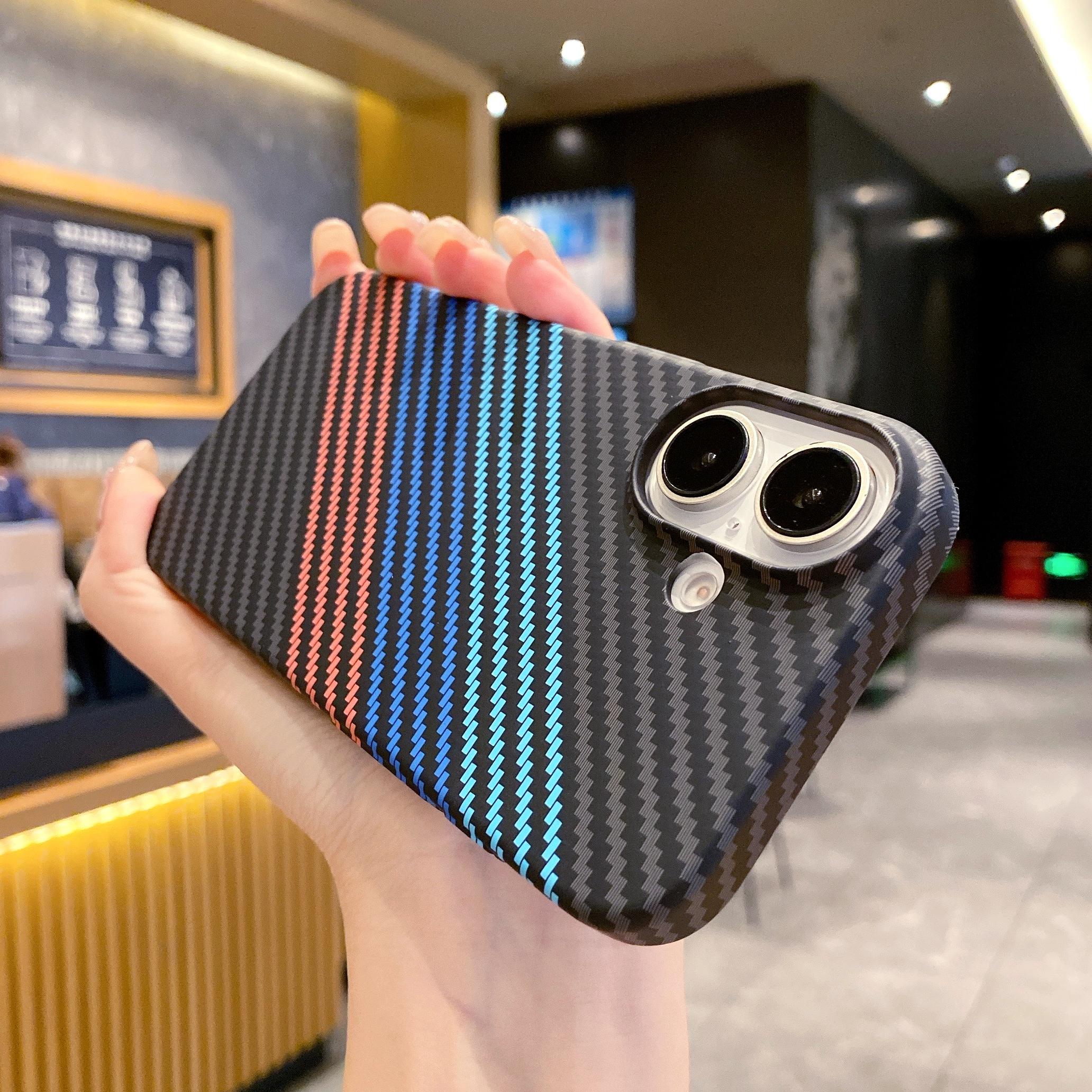 

Carbon Fiber Kevlar Pattern PC Case For iPhone 17 Air 16 15 14 Plus 13 12 11 Pro Max Shockproof Splice Retro Lines Cover For iphone 15