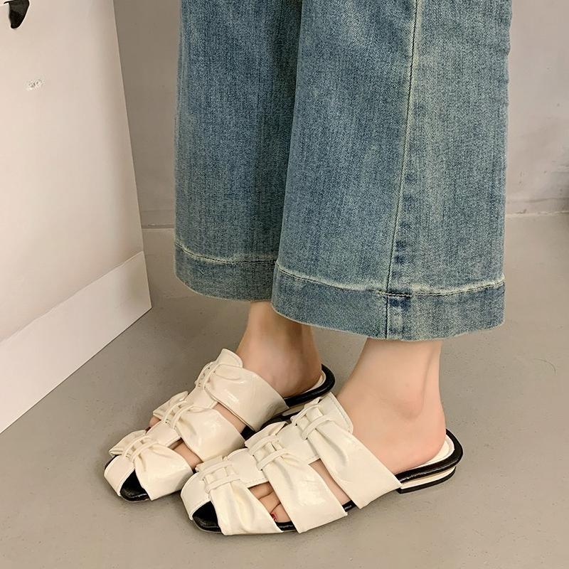 Spring and Summer New Cutout Woven Baotou Half Slippers Women's Square Toe Cutout Versatile Low Heel Outside Sandals